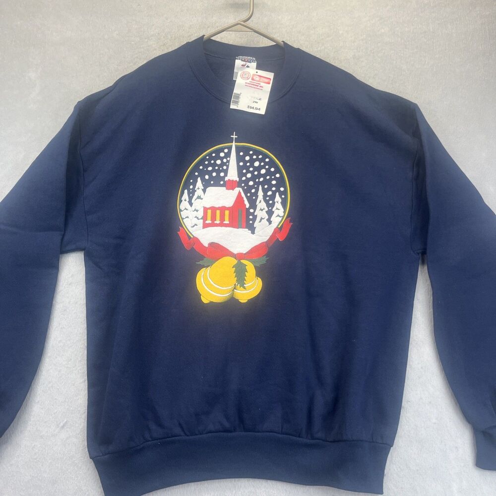 Christmas Church Snow Globe Navy Sweatshirt Vintage Jerzees USA 90s Puffy xl